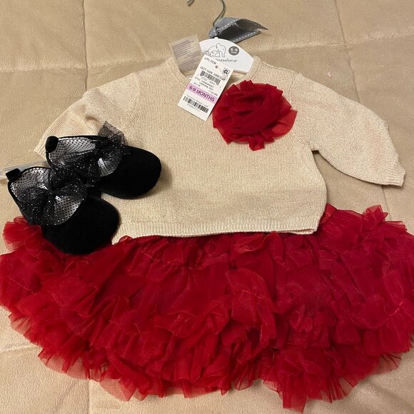 First Impressions Baby Girl Sweater/Ruffled Skirt & Black Velvet Shoes - Picture 7 of 13